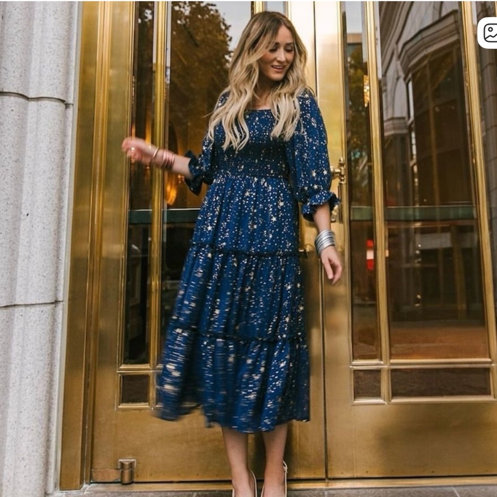 Ivy City Starry Night Stars Navy Smocked Dress M